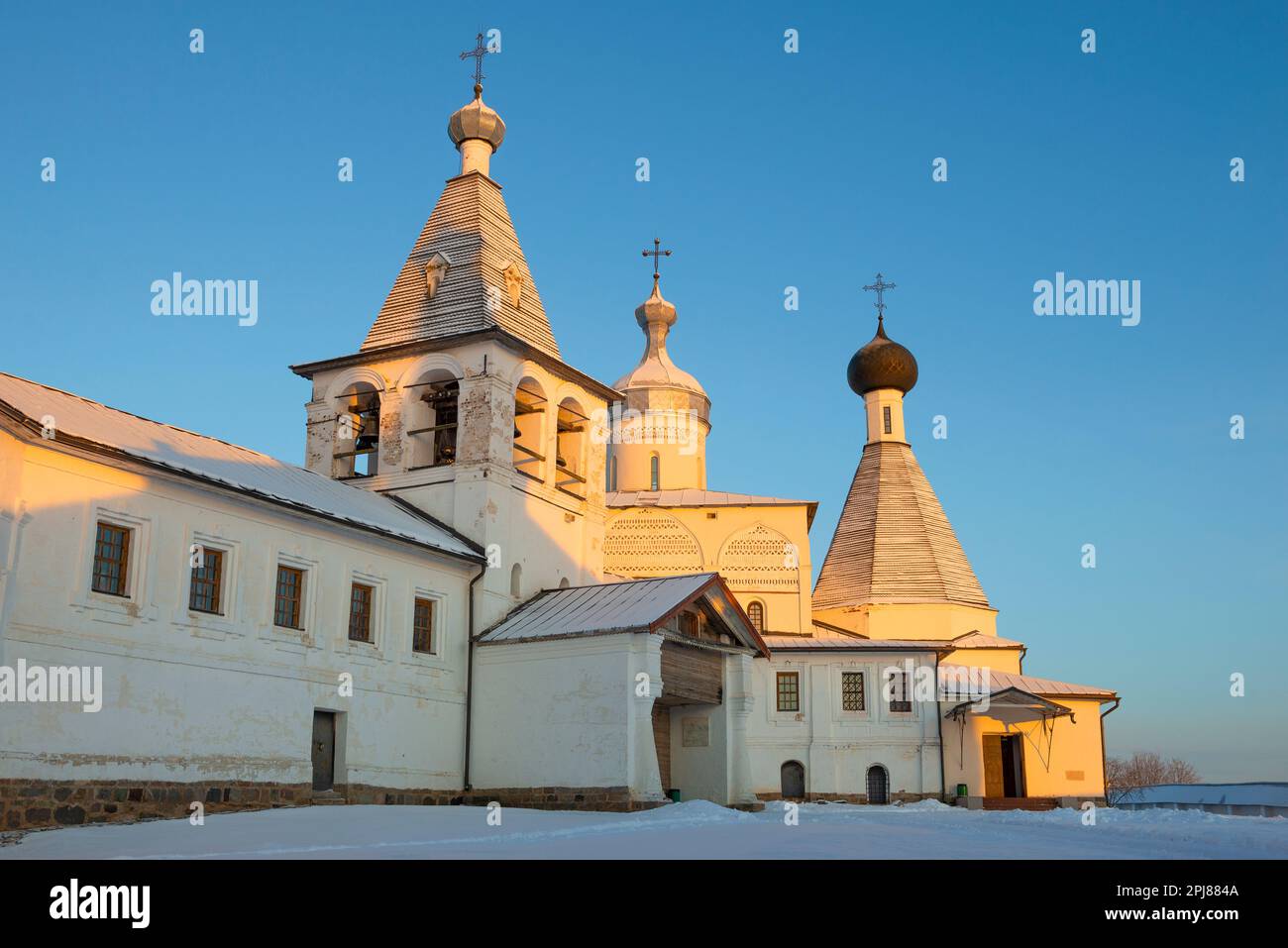 Sunny December evening near the temples of the ancient Ferapontov Monastery. Vologda region, Russia Stock Photo