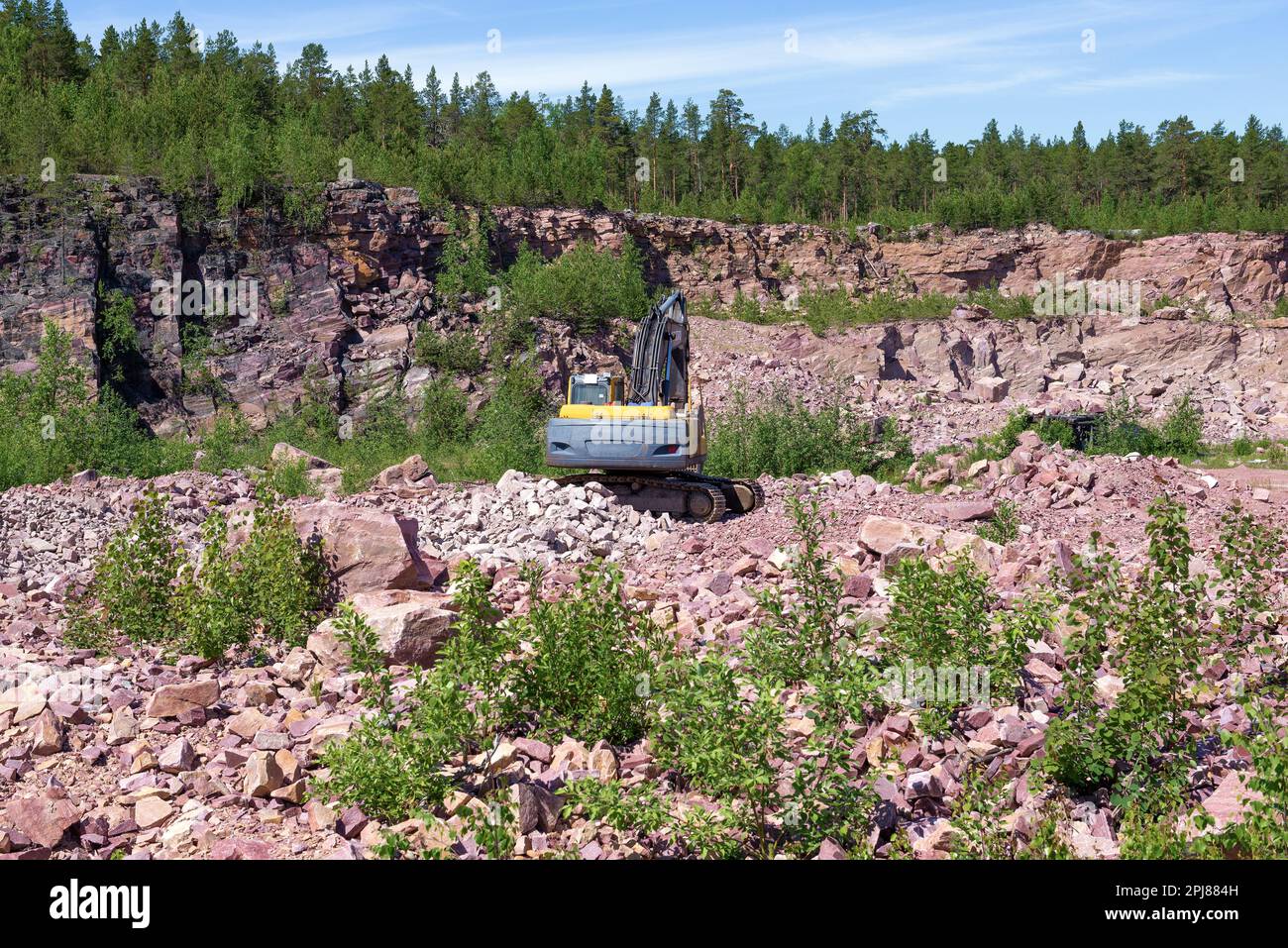 Sunny June day in an old quartzite quarry. Shoksha, Karelia. Russian Federation Stock Photo
