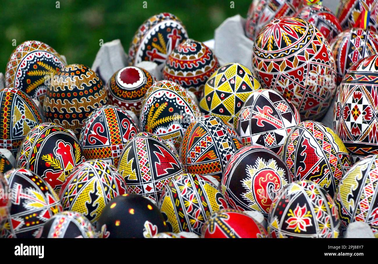 Hand-painted chicken Easter eggs from the Bucovina area, artisanal traditions from Romania Stock Photo