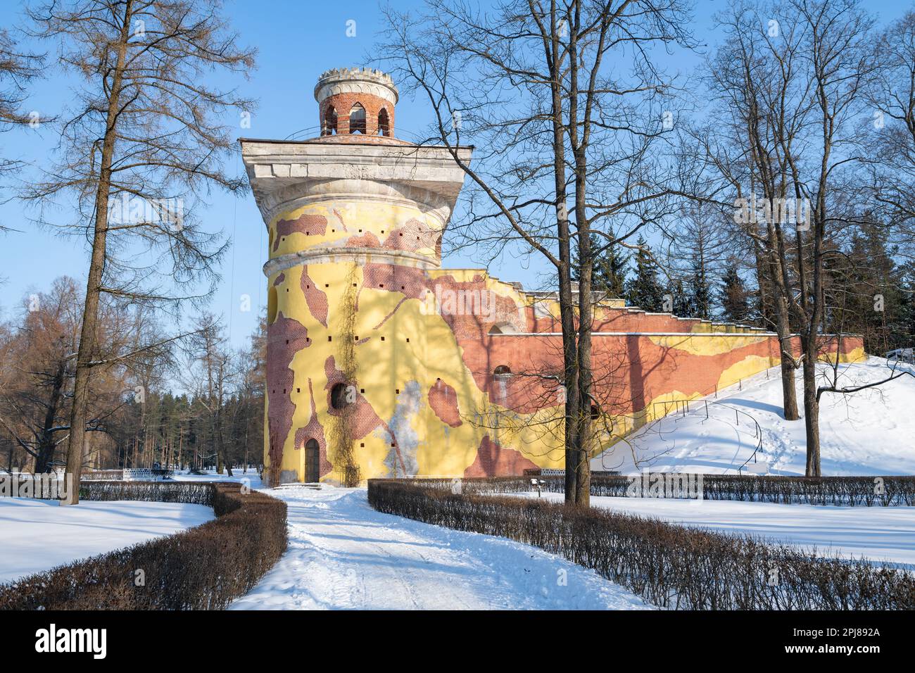 View of the ancient pavilion "Tower-ruin" (1773) on a sunny February ...