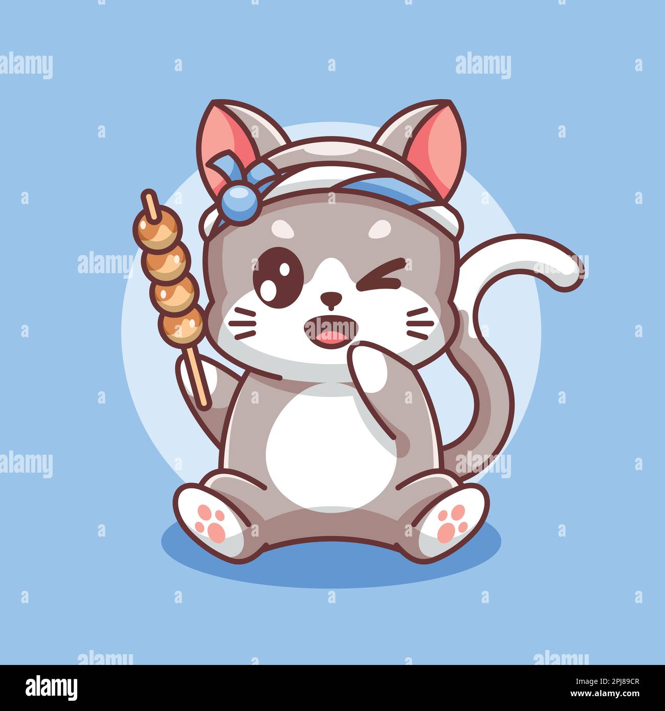 Cute cat wearing a Japanese headband and bringing takoyaki Stock Vector