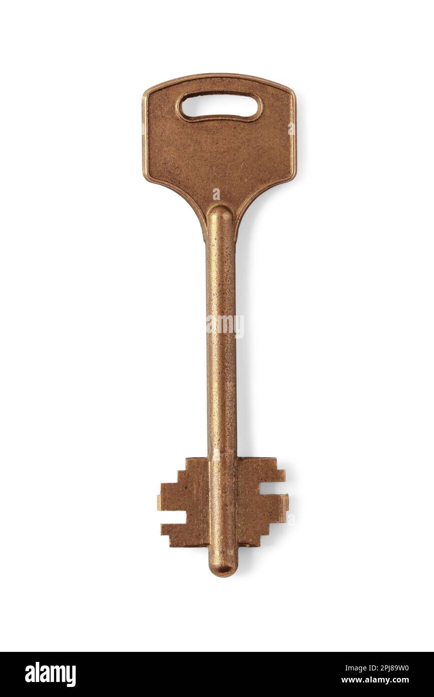 Bronze door key closeup isolated on white background Stock Photo Alamy