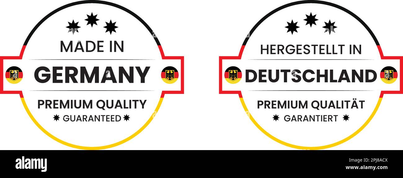 Made in Germany round labels in English and in German languages . Premium Quality mark vector icon. Perfect for  tags, badges, stickers   etc. Stock Vector