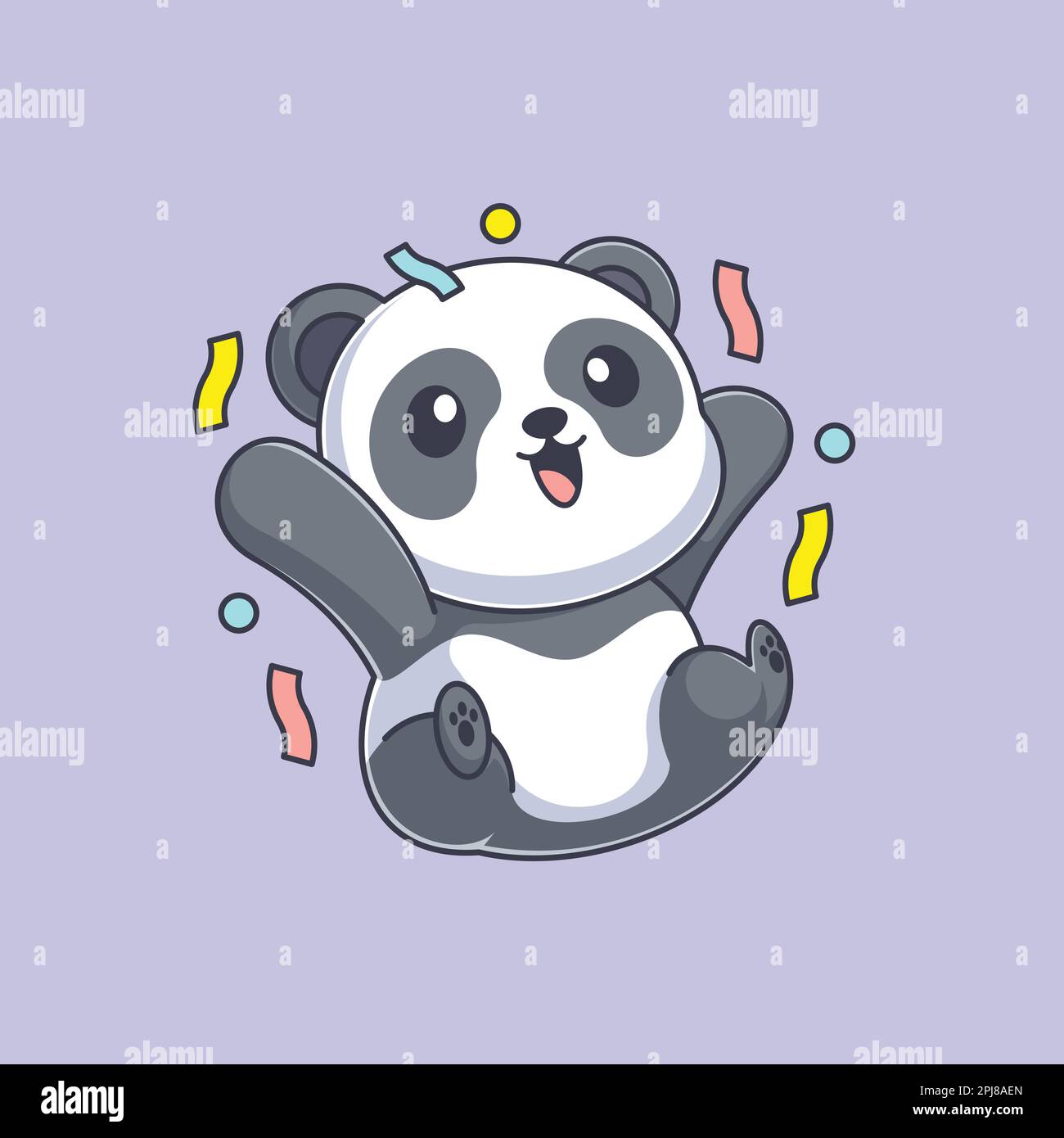 Cute kawaii baby panda sitting raising hand cartoon character