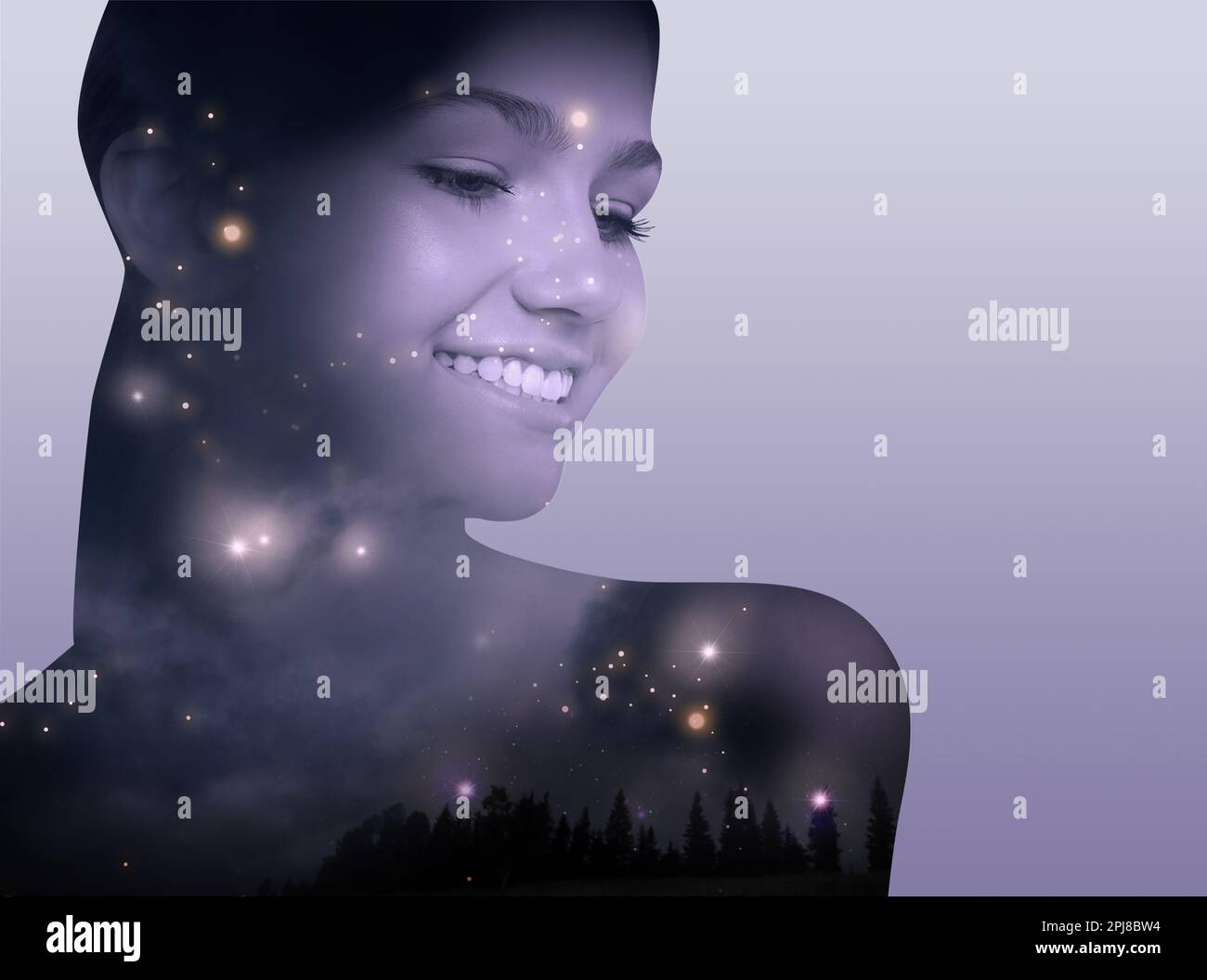 Double exposure of beautiful woman and landscape with starry sky on ...