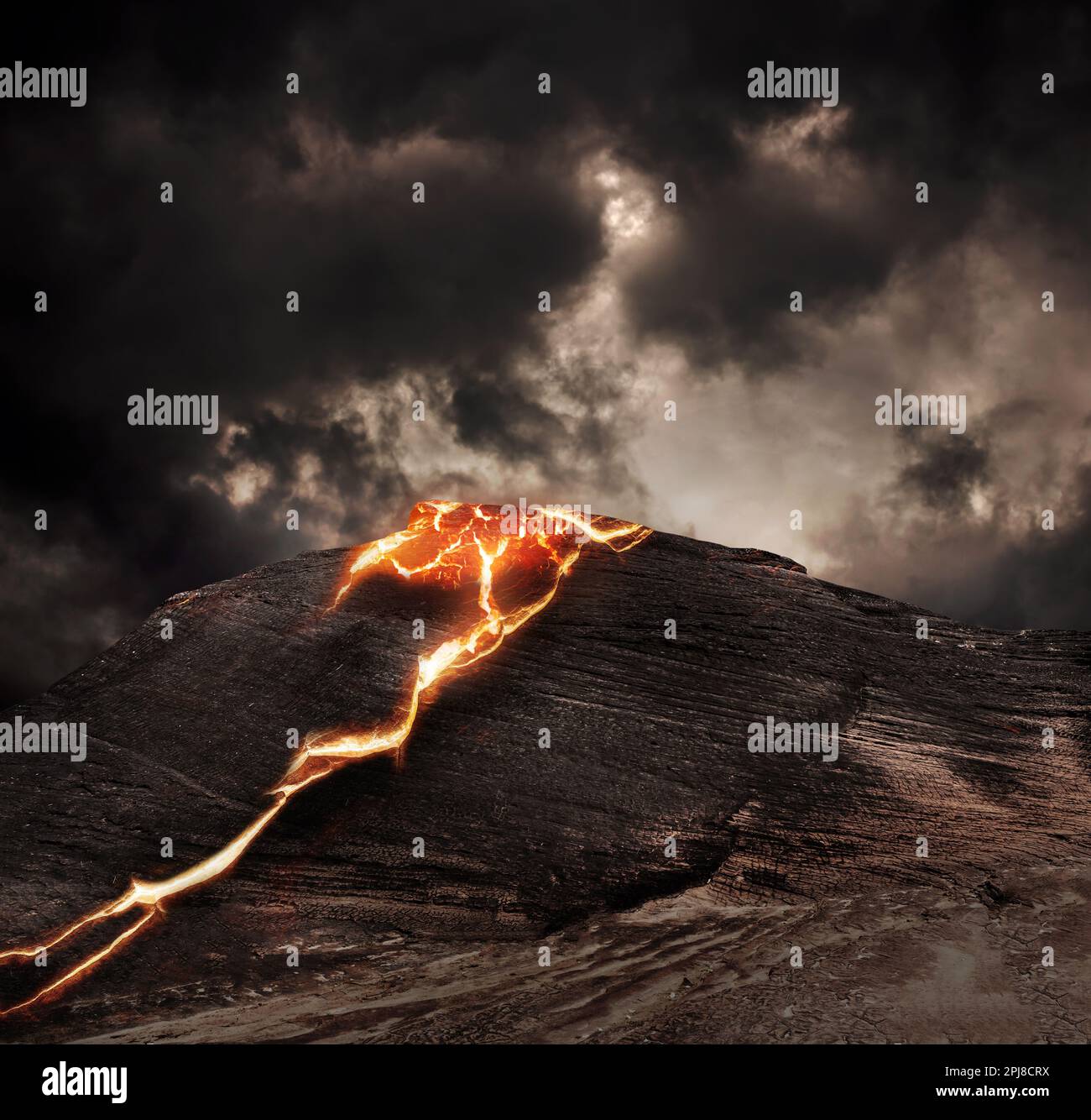 3D rendering heat red cracked ground texture after eruption volcano ...