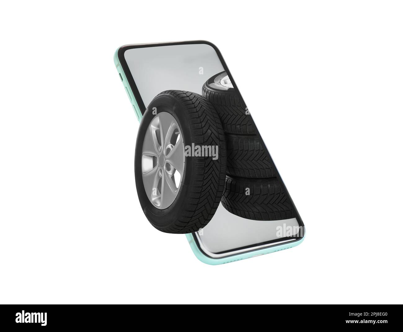 Online auto store, delivery service. Modern smartphone and car tires on