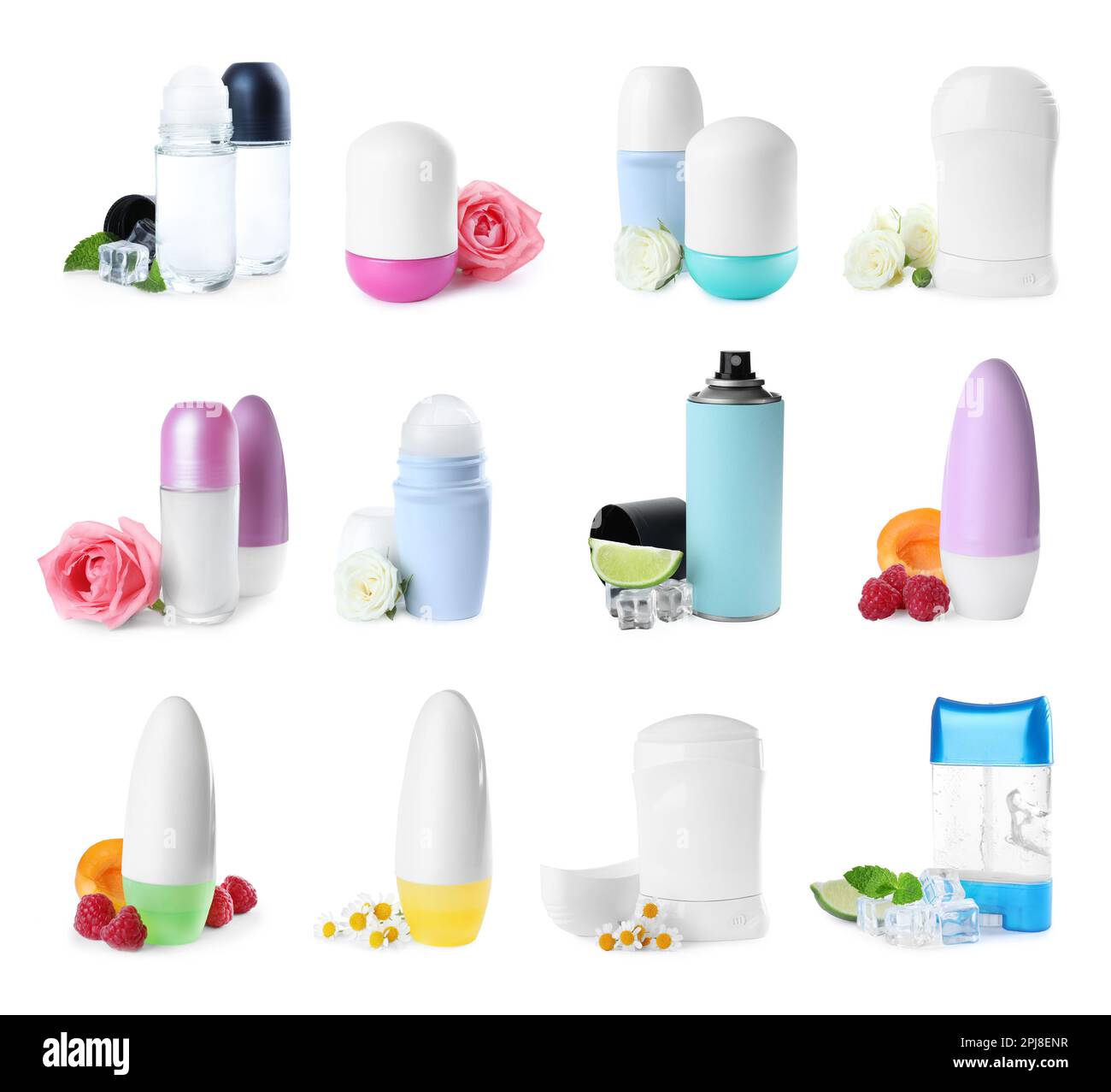 Set of different deodorants with ingredients on white background Stock