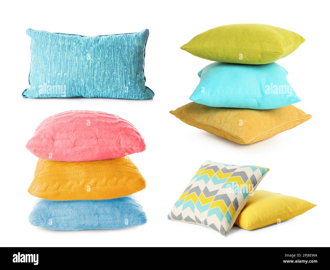 Set with different soft pillows on white background Stock Photo
