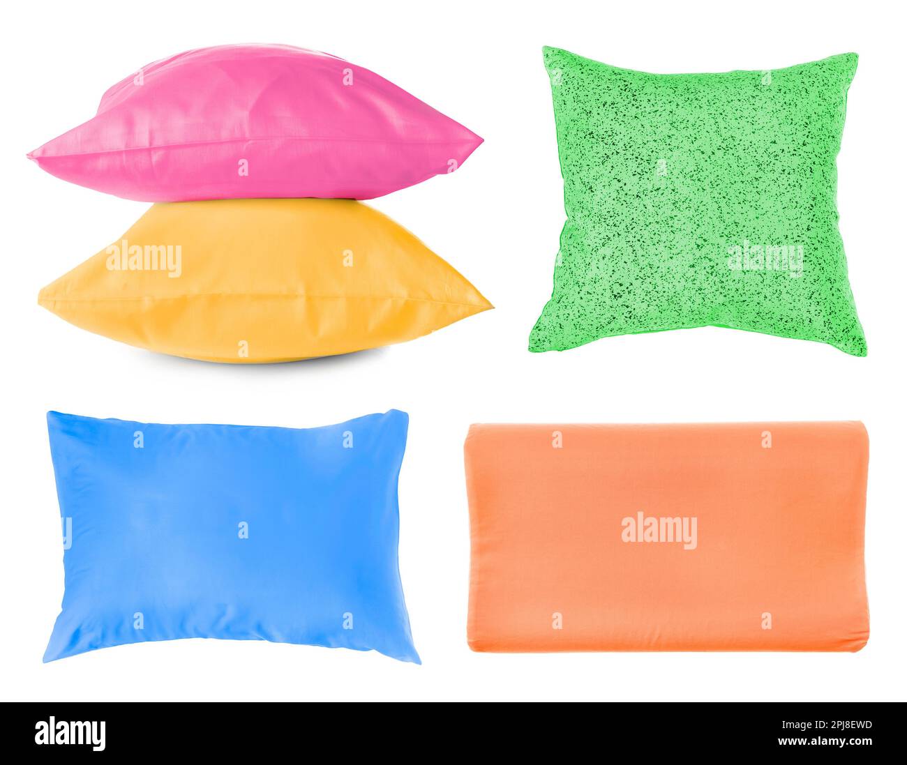 Set with different soft pillows on white background Stock Photo
