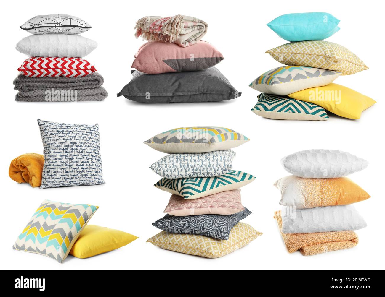 Set with different soft pillows on white background Stock Photo