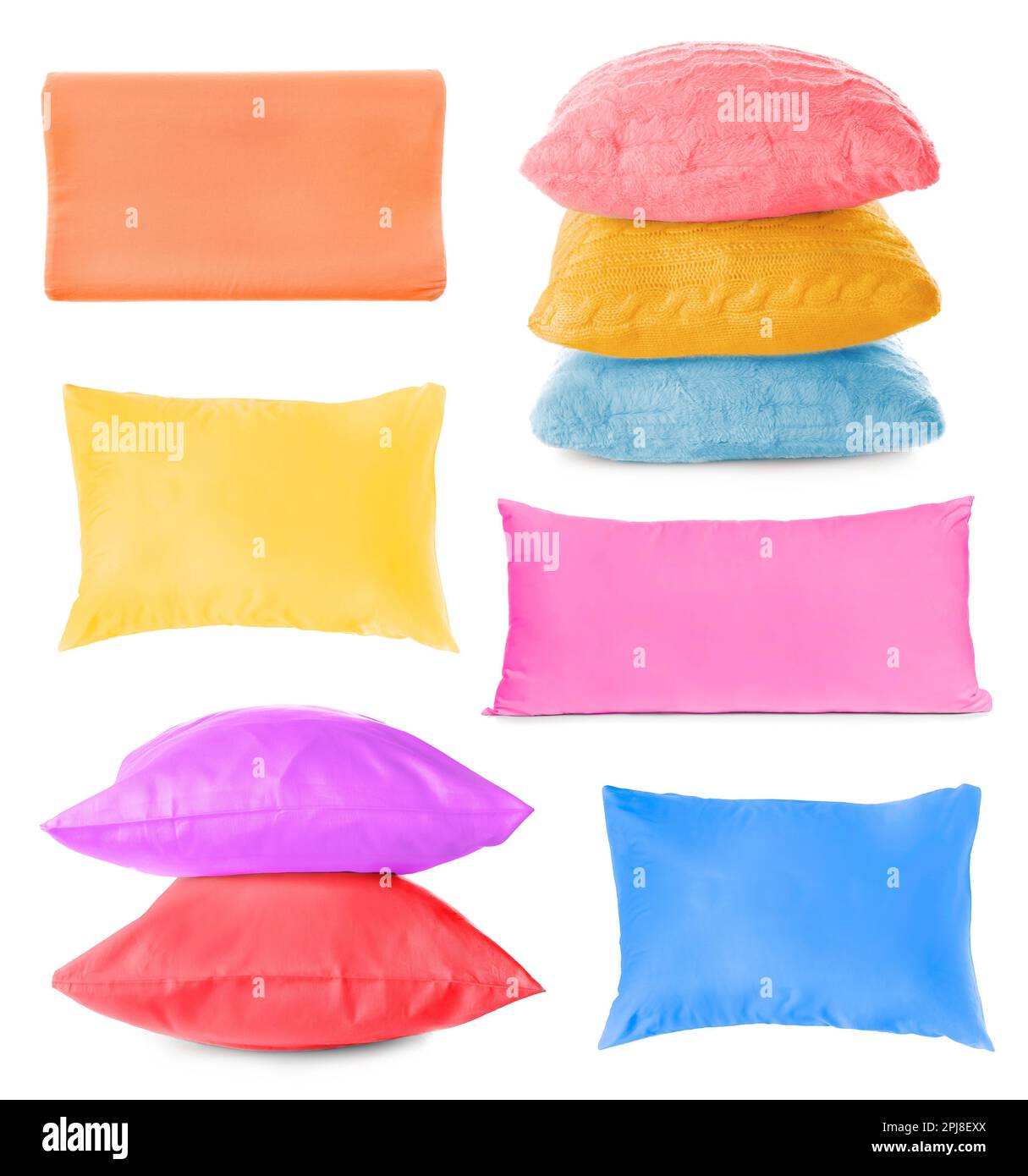 Set with different soft pillows on white background Stock Photo