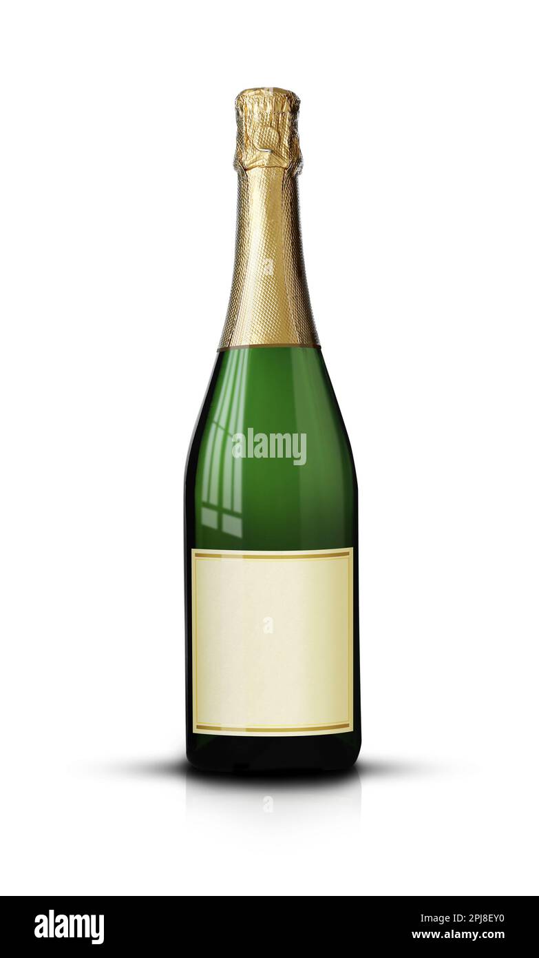 Bottle of sparkling wine with blank label on white background. Mockup