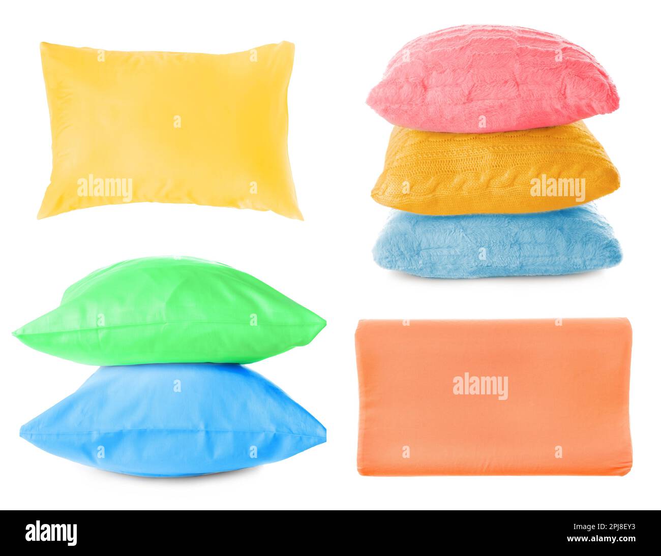 Set with different soft pillows on white background Stock Photo