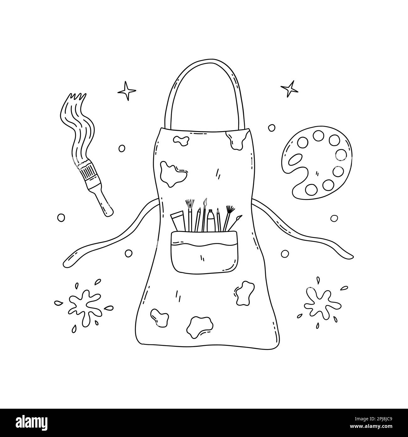 Artist apron. Pocket with brushes, pencils, paint tube. Around it
