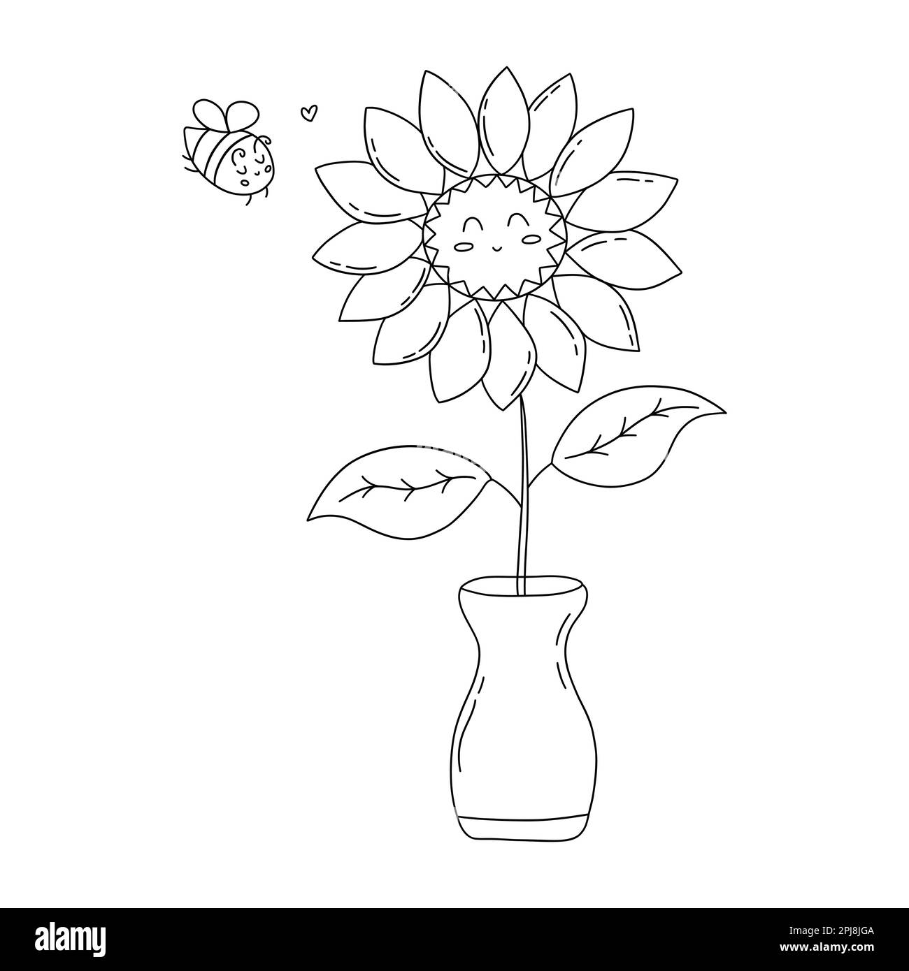 Happy sunflower in vase and little bee in love. Small cute bumblebee