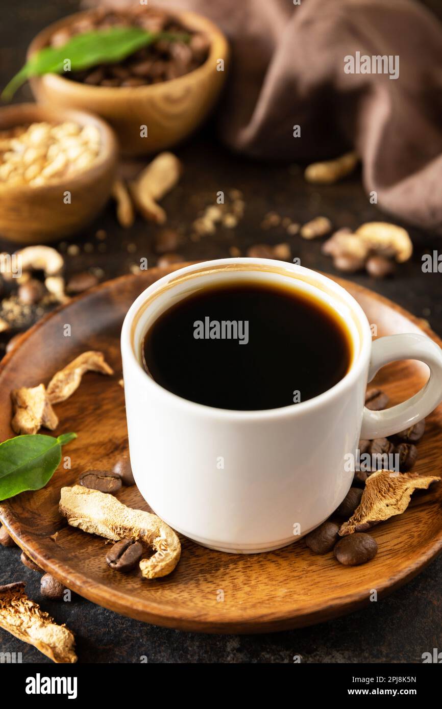 Healthy organic energizing adaptogen. Mushroom coffee in a cup and