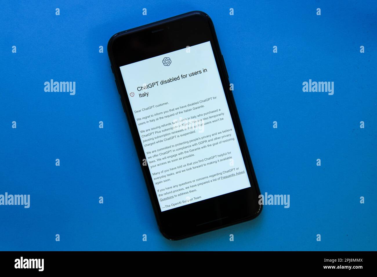 MILAN, ITALY - April 1: The announcement that ChatGPT by OpenAI has been disabled for all Italian users by Italian Garante is seen on a smartphone screen in Milan, Italy on April 1, 2023 Credit: Piero Cruciatti/Alamy Live News Stock Photo