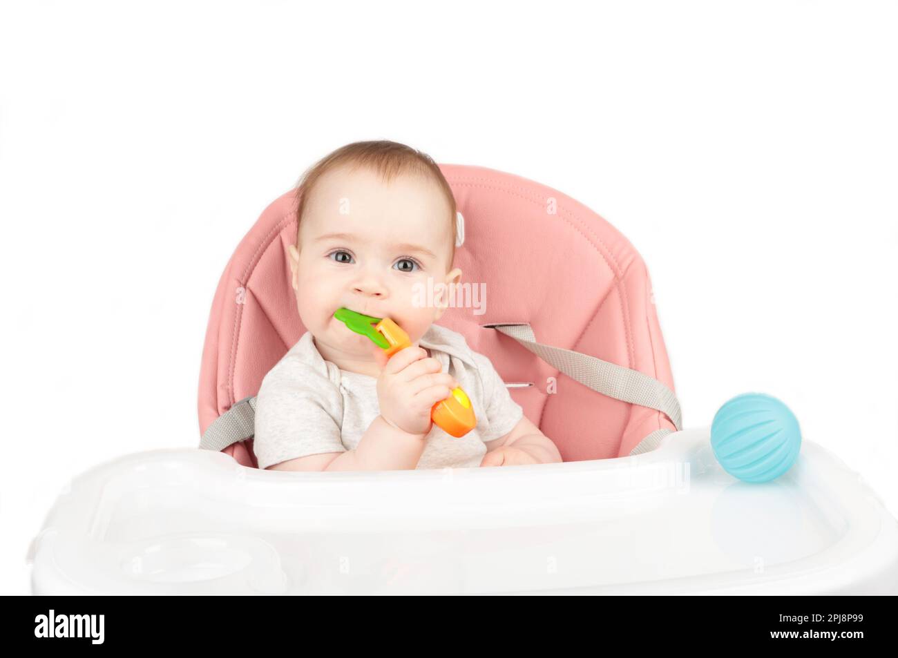 Cute baby girl playing a rattle in chair Stock Photo - Alamy
