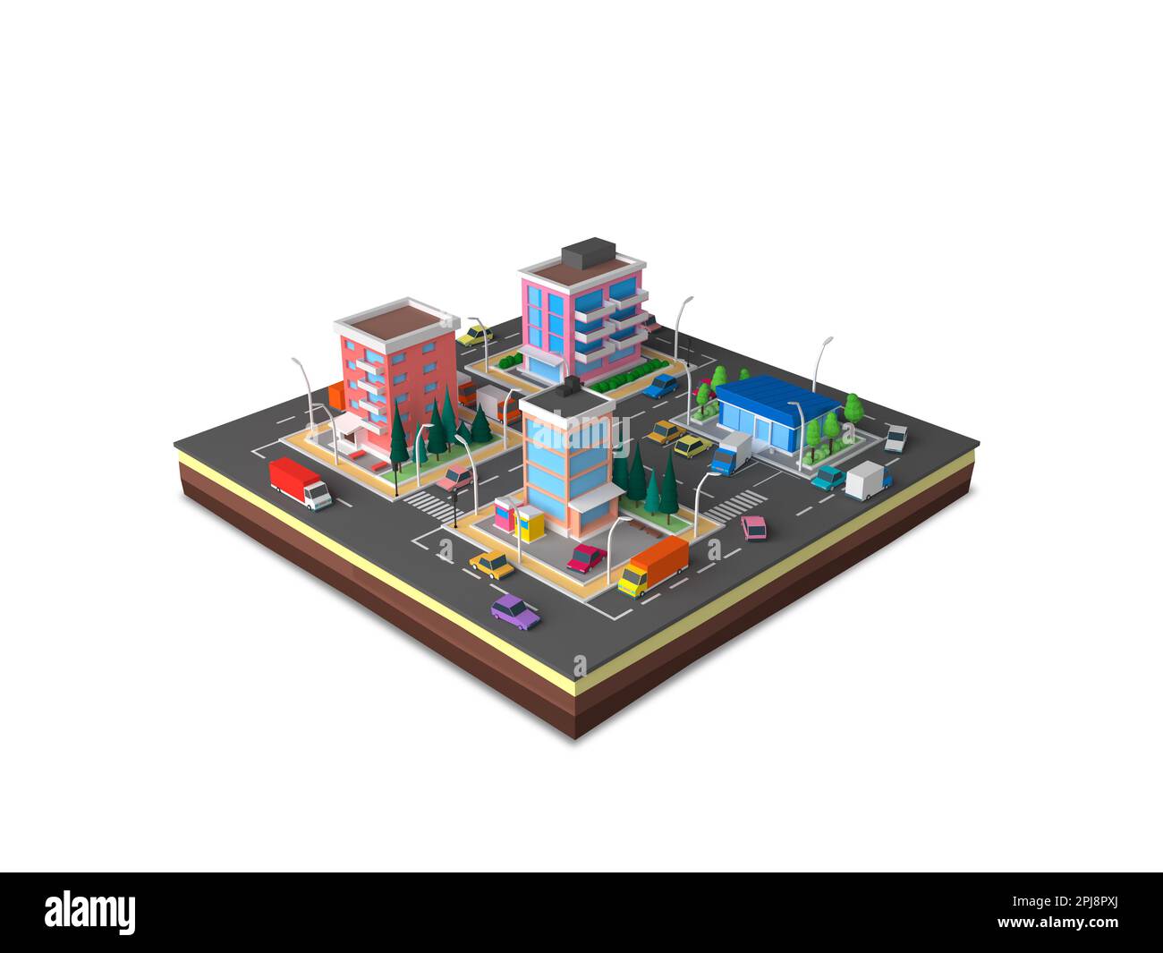 Isometric cartoon low poly city landscape, 3d rendering Stock Photo