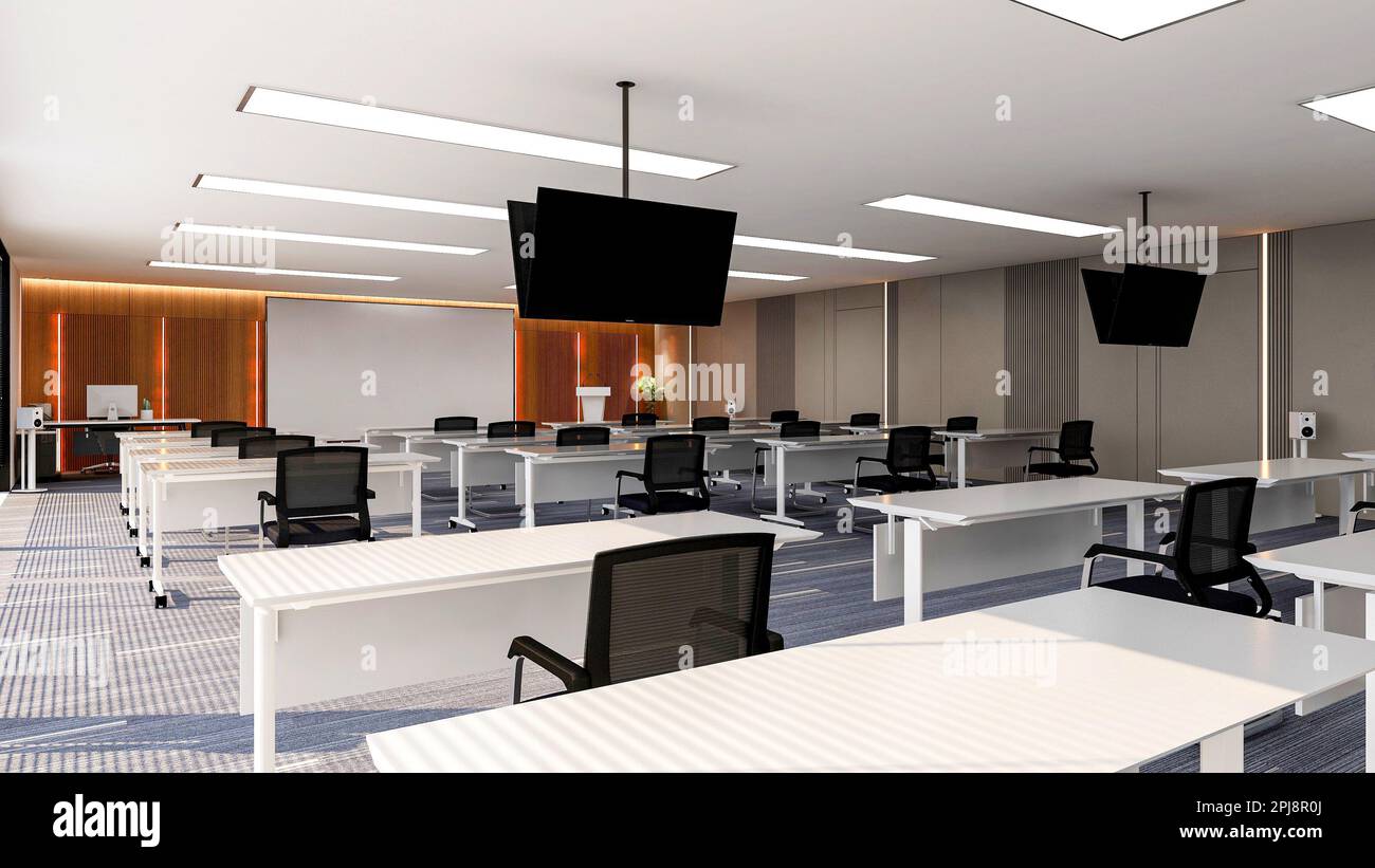 Interior of large modern office training room with large curved monitor