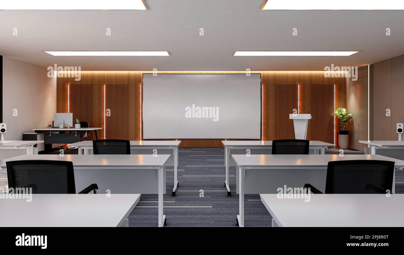 Interior of large modern office training room with large curved monitor