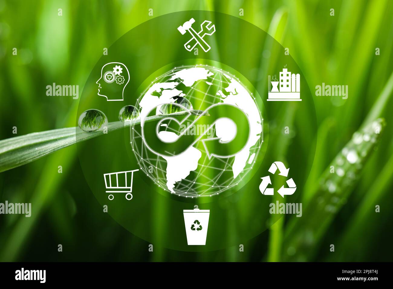 Circular economy concept. Green grass and illustration of infinity symbol and different icons Stock Photo