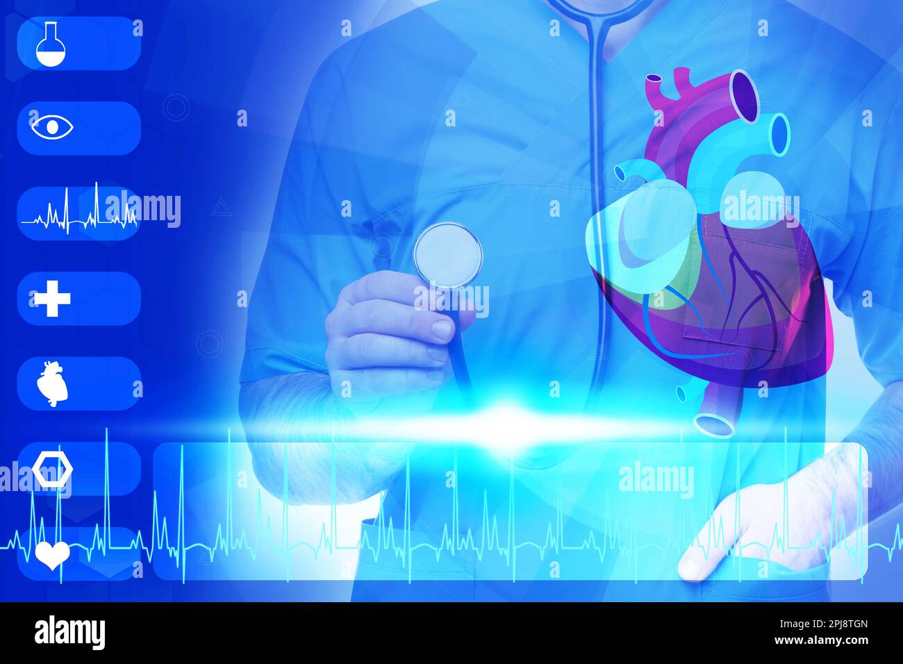 Closeup view of doctor with stethoscope and illustration of