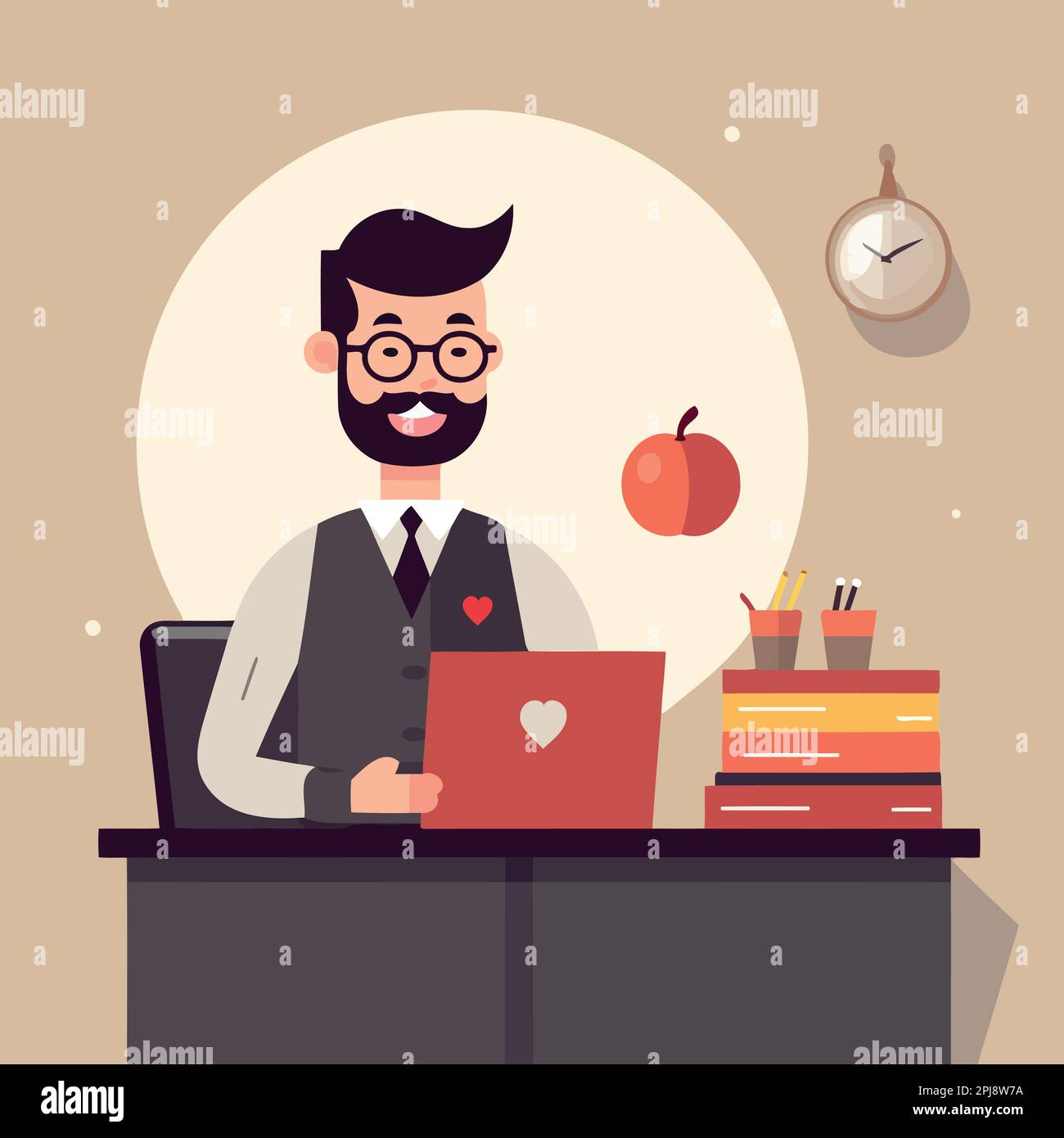 Teachers day teacher sitting at desk with laptop books apple and clock ...