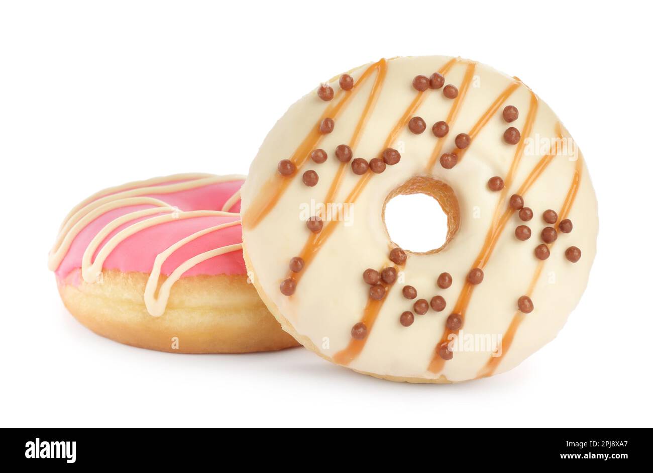 Sweet tasty glazed donuts on white background Stock Photo - Alamy