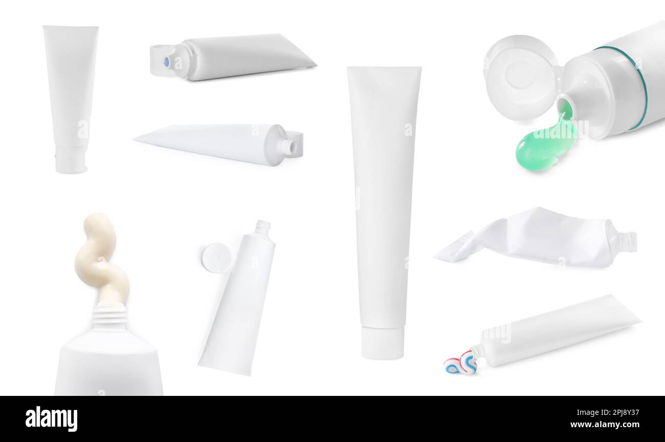 Collage with different toothpastes on white background Stock Photo - Alamy