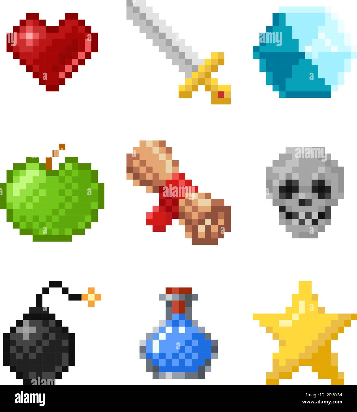 Set of pixel art objects. Retro game 8 bit style icons collection. Heart, sword, blue jewel, green apple, scroll, skull, bomb, mana elixir and star. V Stock Vector