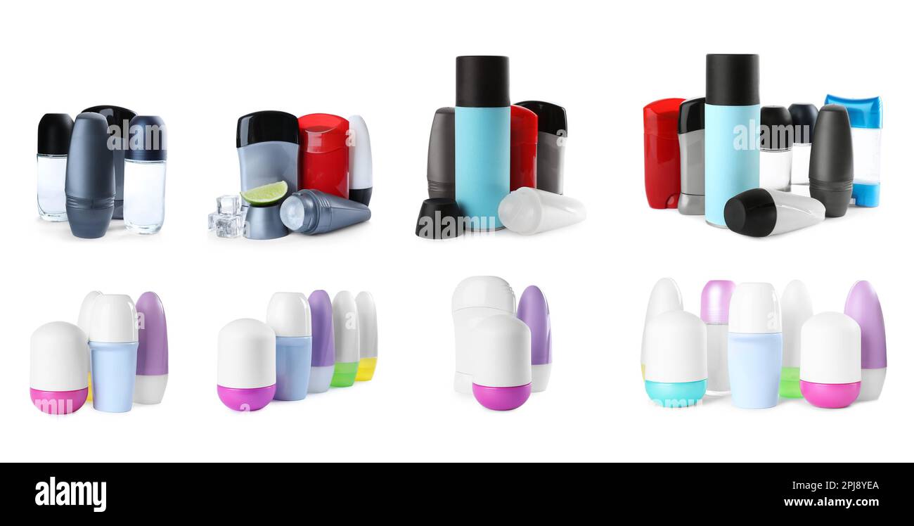 Set of different deodorants on white background. Banner design Stock Photo