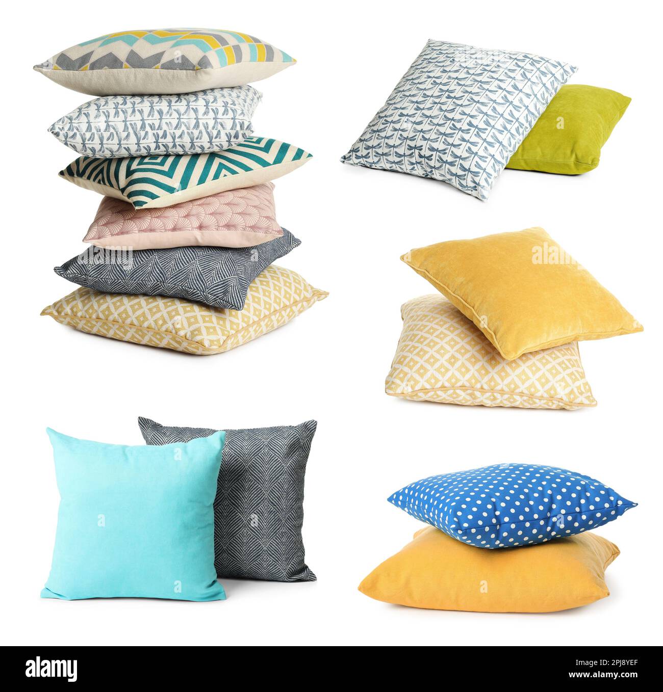 Set with different soft pillows on white background Stock Photo
