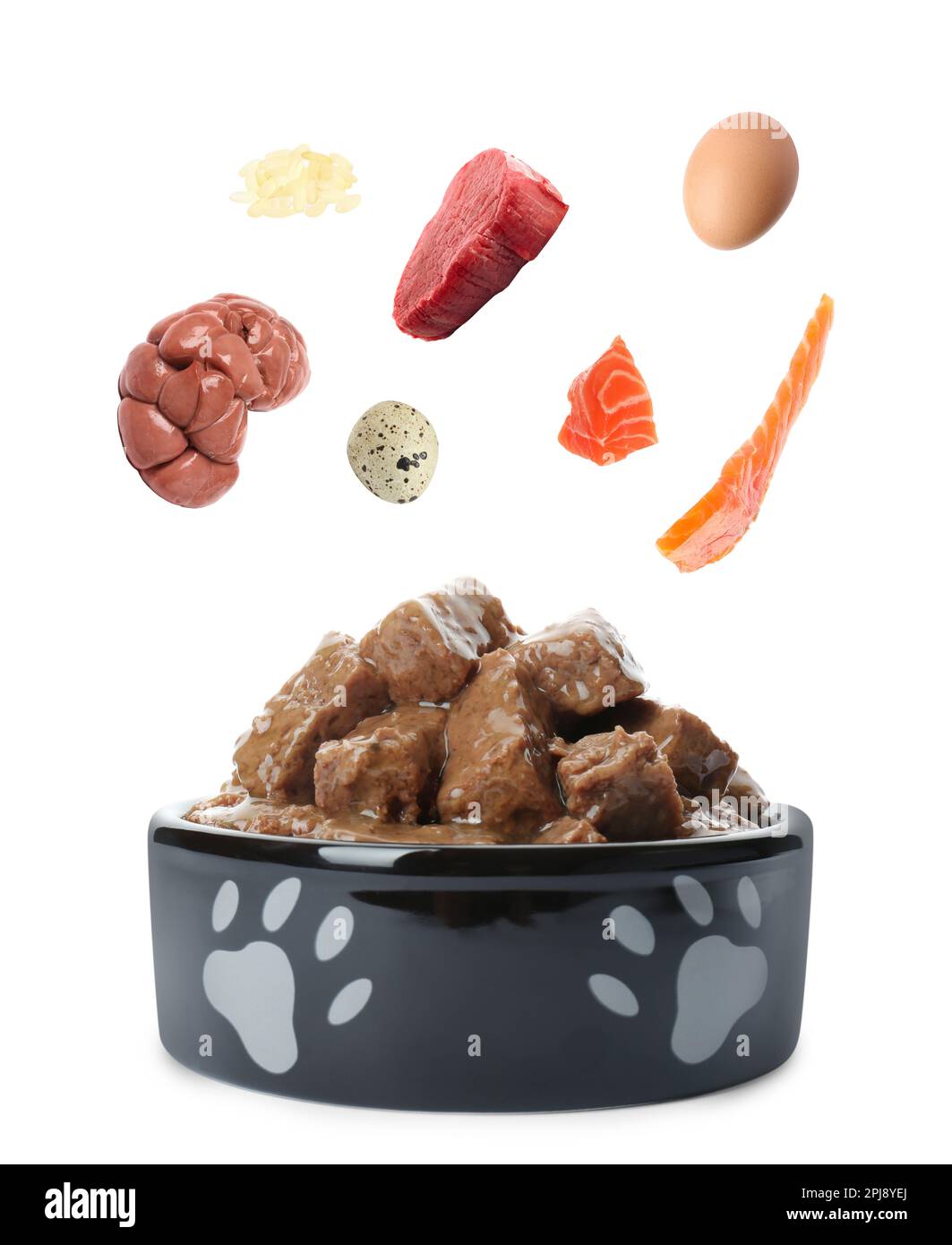 Natural organic ingredients and pet food in bowl on white background