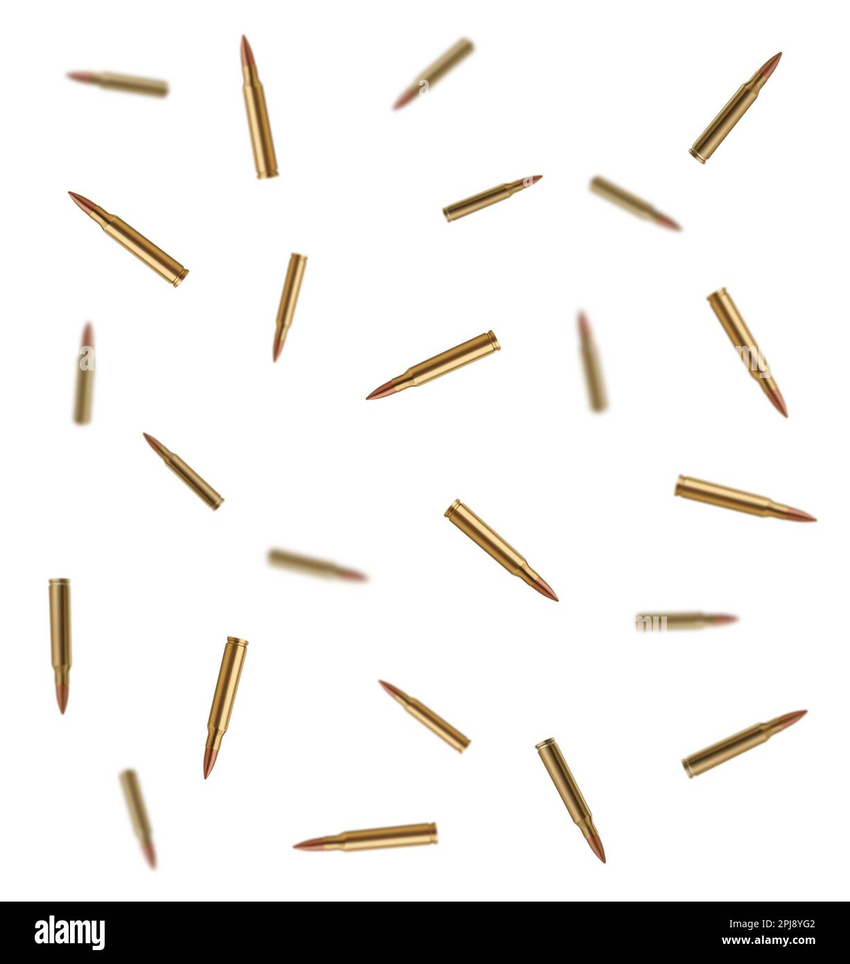 Many bullets falling on white background. Firearm ammunition Stock ...