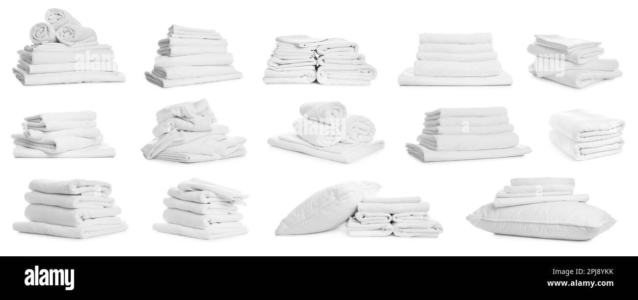 Set with towels and pillows on white background. Banner design Stock