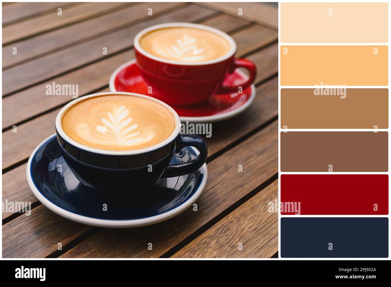 Color palette and cups of aromatic coffee on wooden table. Collage ...