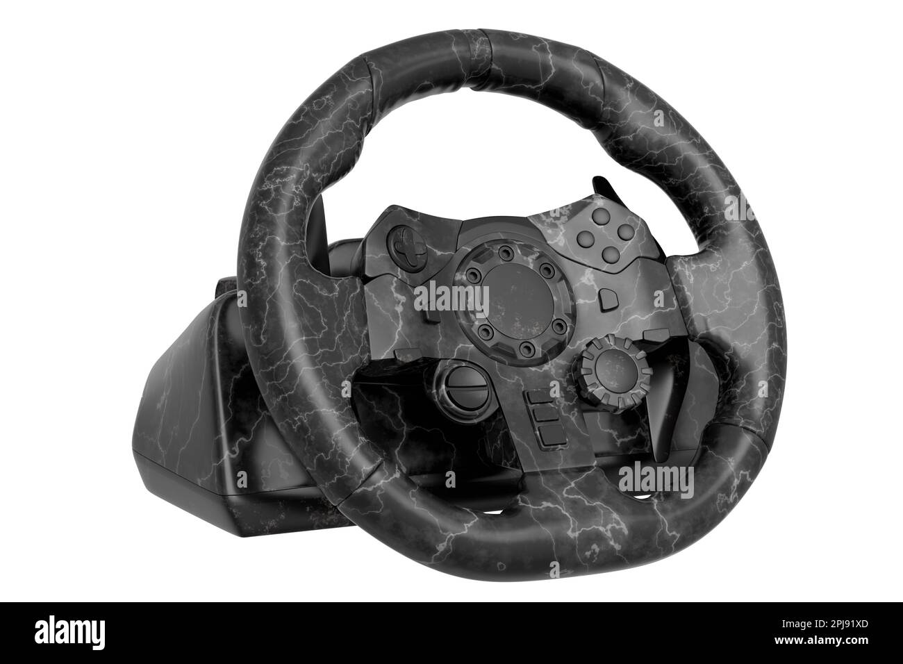 Realistic leather steering wheel with black marble texture on white