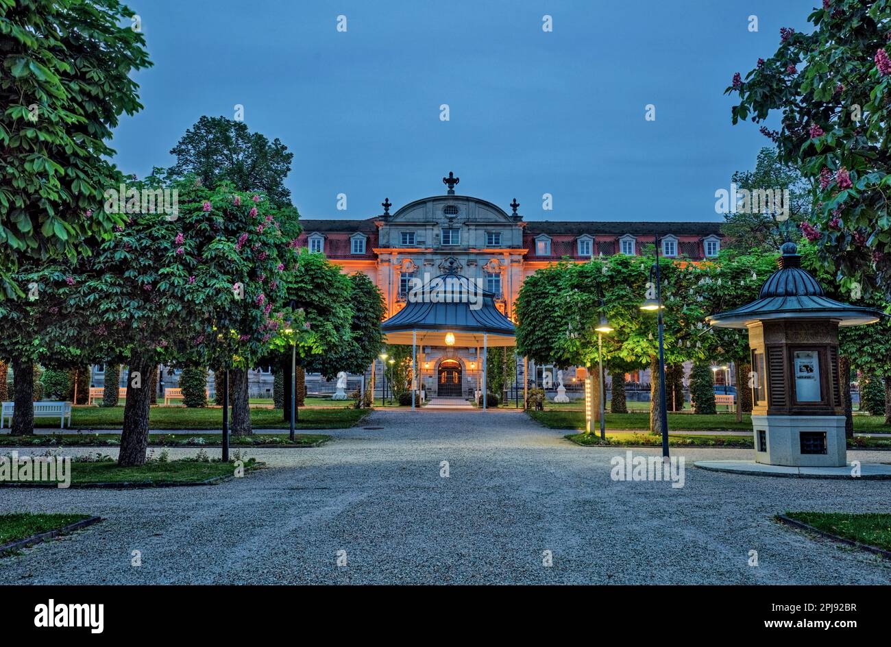 Art nouveaux Park Hotel at night in Kurpark in State Spa, Staatsbad Bruckenau, spa, wellness complex in Sinn Valley by Rhon Mountains. Bad Brackenau. Stock Photo