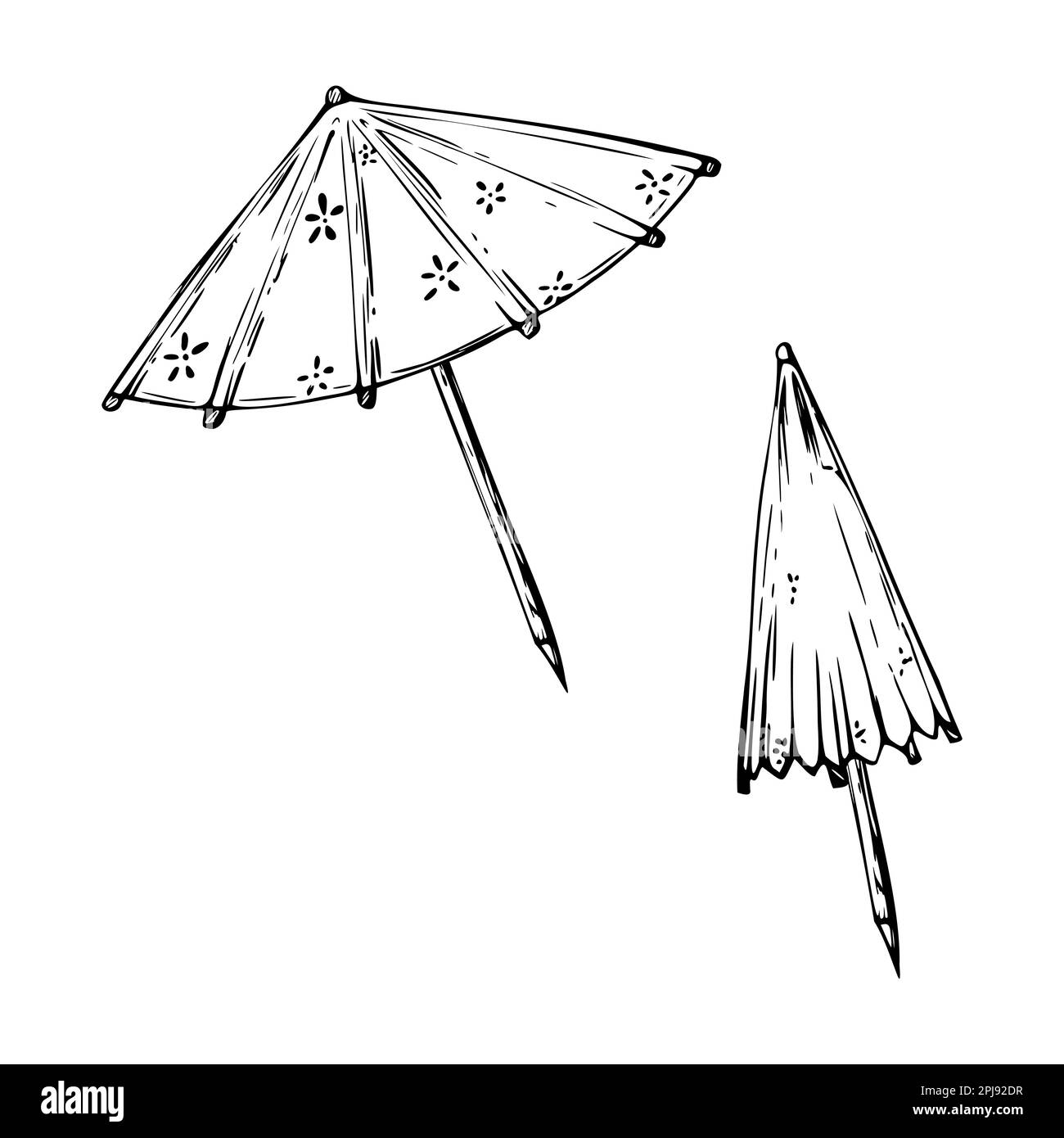 Hand drawn vector ink elements. Striped paper cocktail umbrellas, open ...