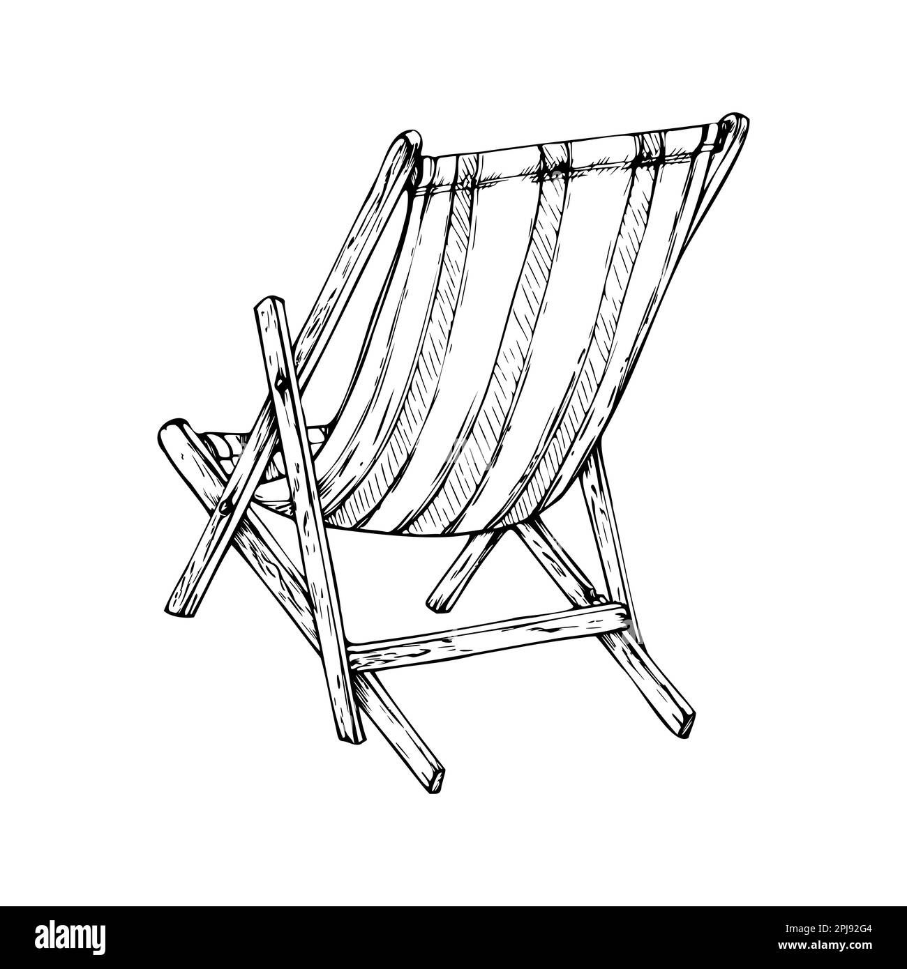 Hand drawn vector ink elements. Pair of striped beach deck chairs, sun ...