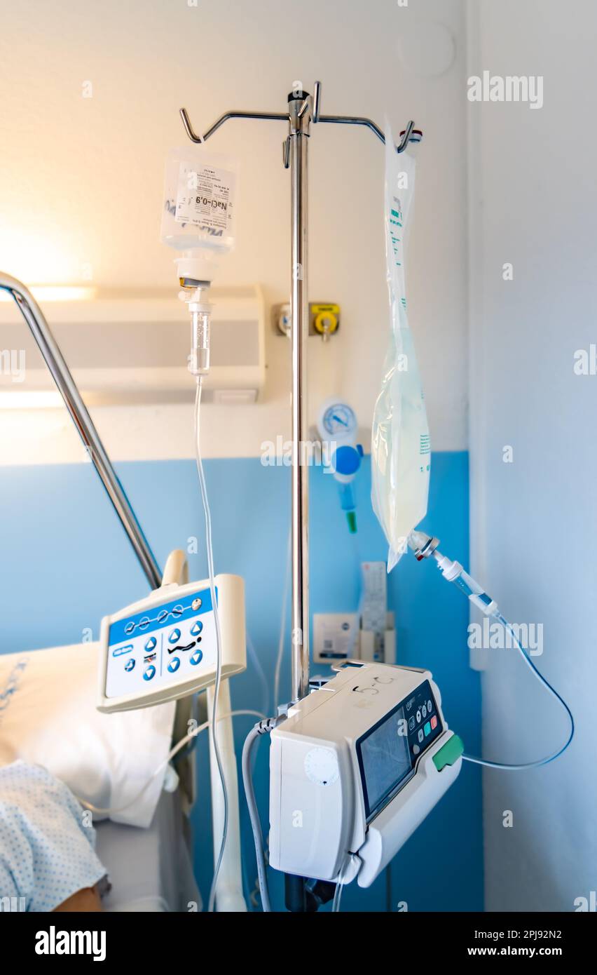 Medical equipment, instruments, monitors and bottle of solution liquid for intravenous drip