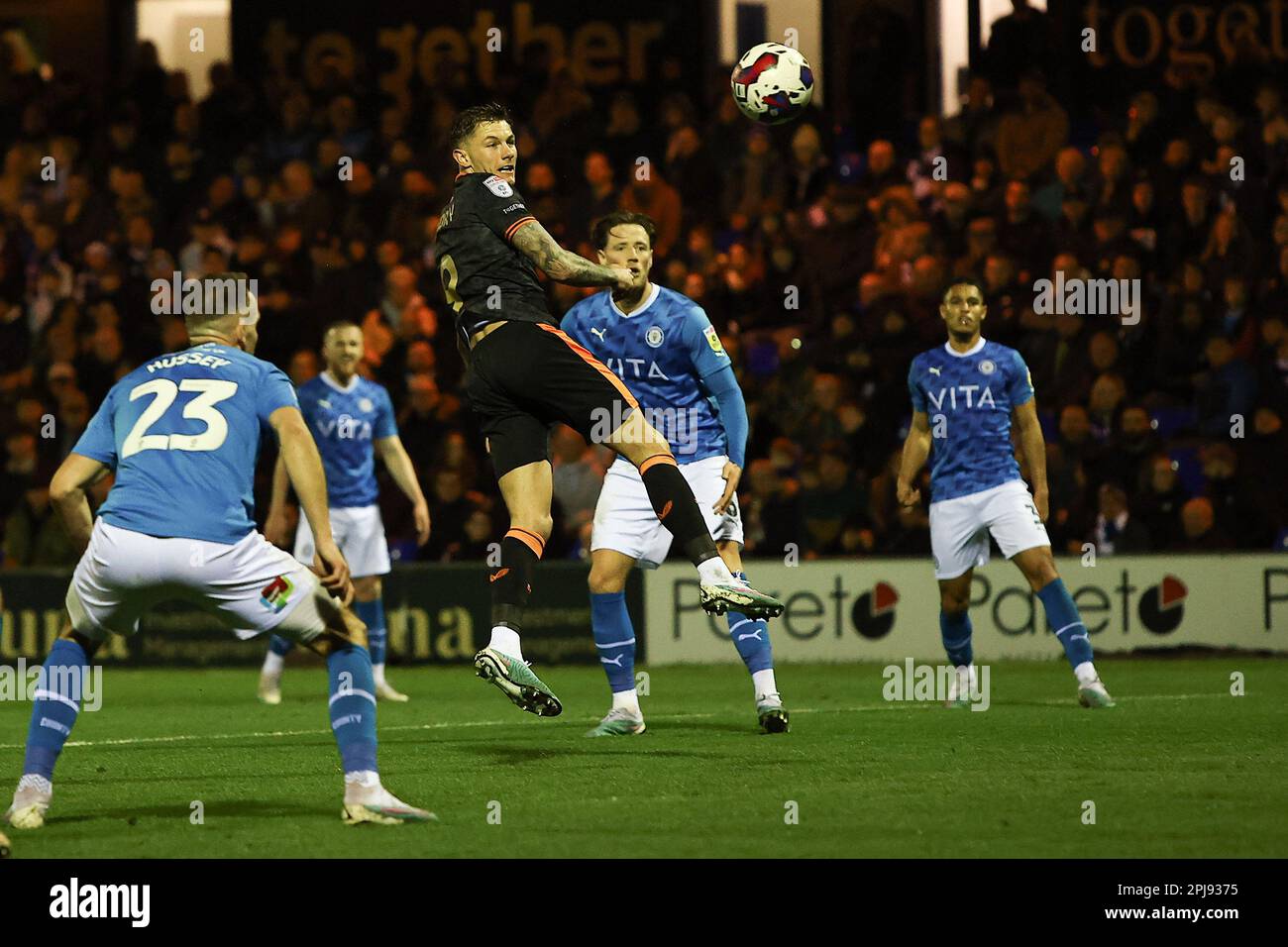 Salfords Callum Hendry heads close during the Sky Bet League 2 match between Stockport County and Salford City at the Edgeley Park Stadium, Stockport on Friday 31st March 2023. (Photo: Chris Donnelly | MI News) Credit: MI News & Sport /Alamy Live News Stock Photo