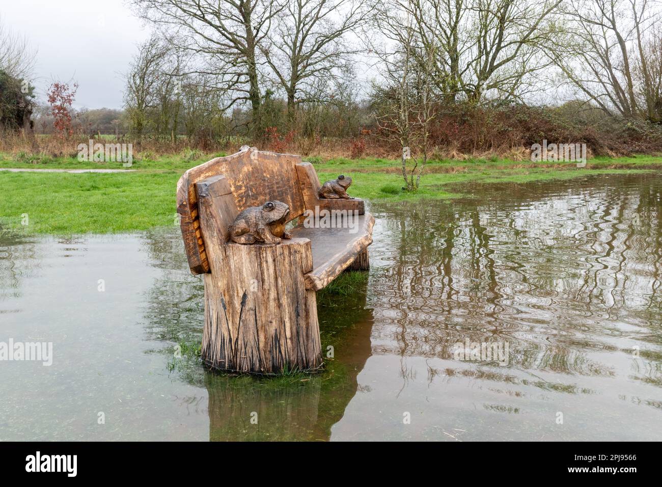 1 April 2023. After the wettest March in England for over 40 years, Edenbrook Country Park in Fleet, Hampshire, UK, is badly flooded. Extreme weather such as high rainfall flooding may be linked to climate change. Stock Photo