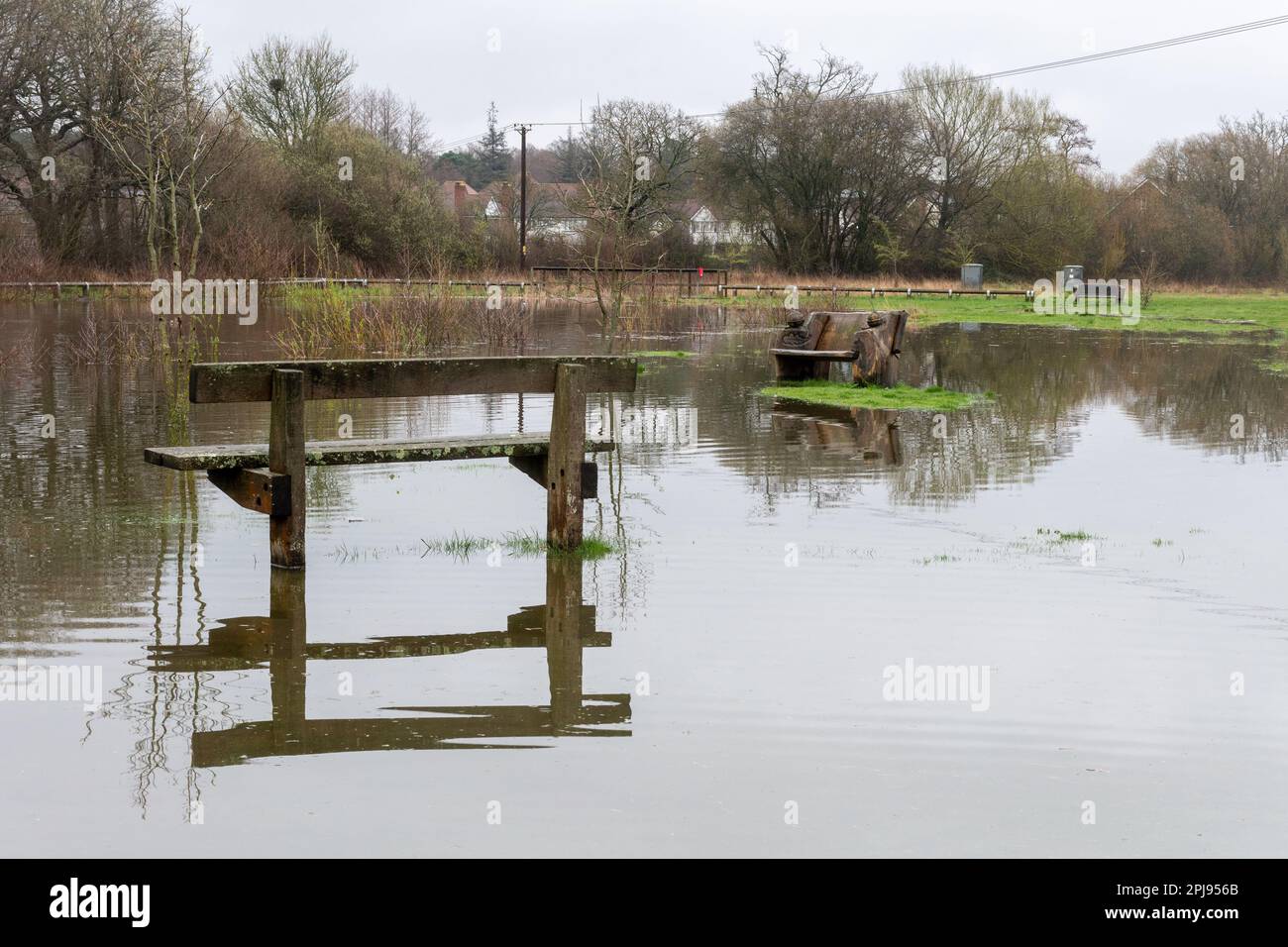 1 April 2023. After the wettest March in England for over 40 years, Edenbrook Country Park in Fleet, Hampshire, UK, is badly flooded. Extreme weather such as high rainfall flooding may be linked to climate change. Stock Photo