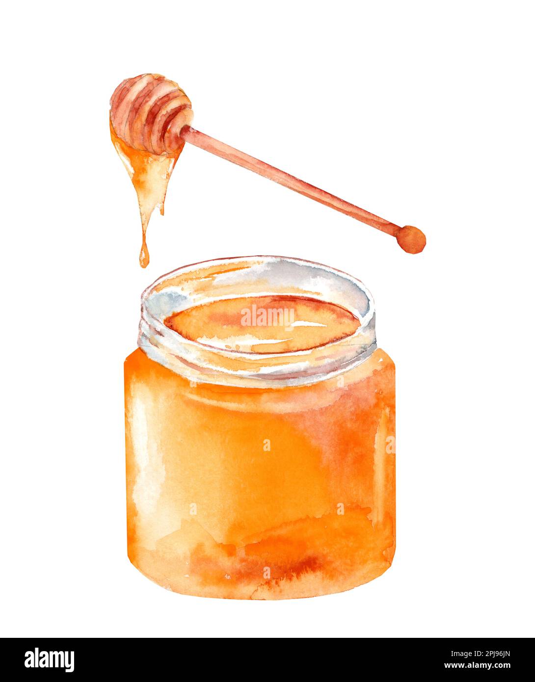 Honey jar with wooden spoon isolated on white background. Watercolor