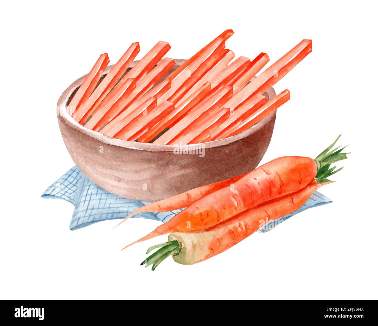 Bowl of chopped carrots. Watercolor hand drawn illustration Stock Photo