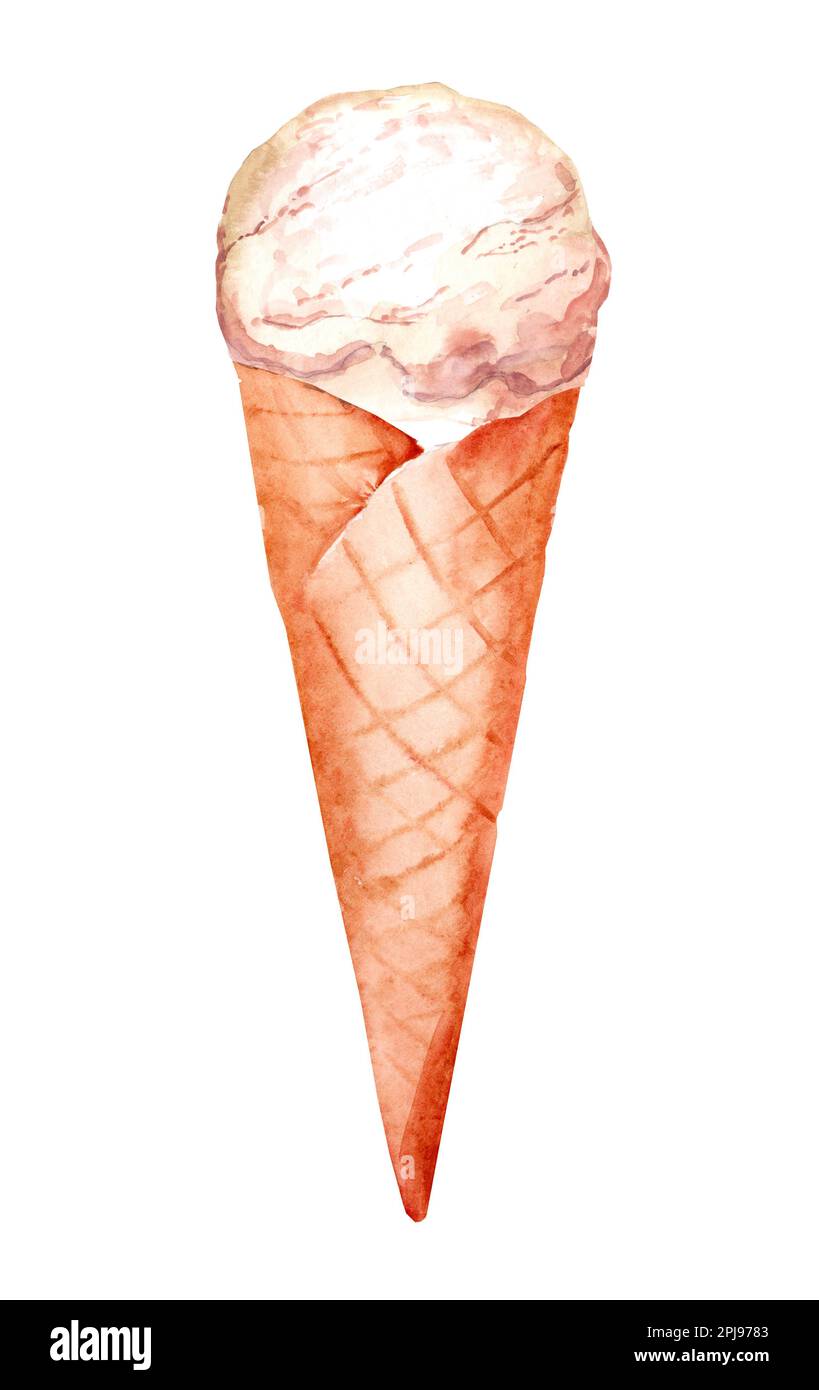 Vanilla ice cream in a waffle cone. Watercolor hand drawn illustration