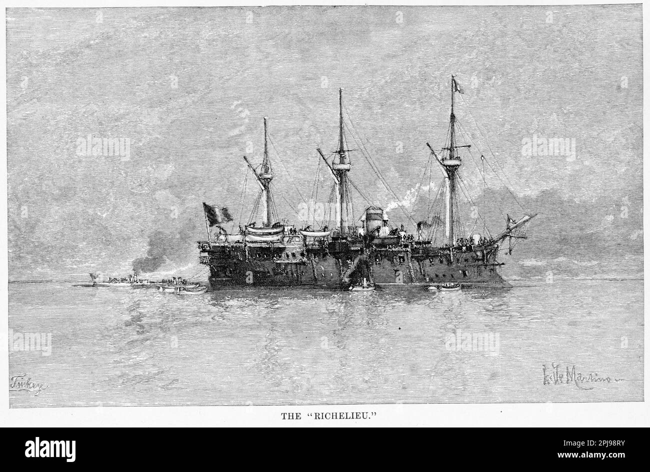 Engraving of ,the French ironclad Richelieu, a wooden-hulled central battery ironclad built for the French Navy in the early 1870s. She was named after the 17th century statesman Cardinal de Richelieu. The ship was the flagship of the Mediterranean Squadron for most of her career. Stock Photo